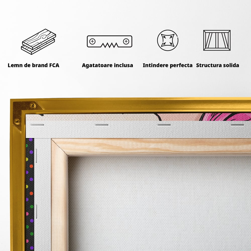 Spatele produsului, cu sasiu din lemn, capse metalice si agatatoare